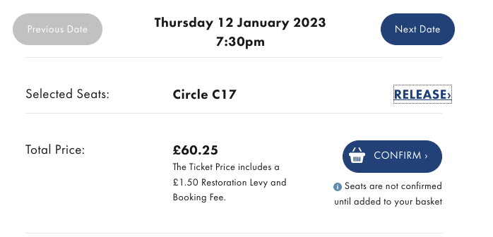 Screenshot of the basket for The Book of Mormon evening performance on 12 January 2023. CIrcle C17 is £60.25.