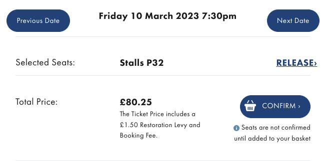 Screenshot of the basket for The Book of Mormon evening performance on Friday 10 March 2023. Stalls P32 is £80.25.