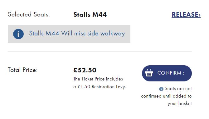 Screenshot of the basket for Hamilton in London. The selected ticket, M44, is £52.50 for tonight's performance.