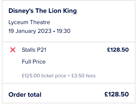 Screenshot of basket for The Lion King on 19 January 2023, Stalls P21 is £128.50.