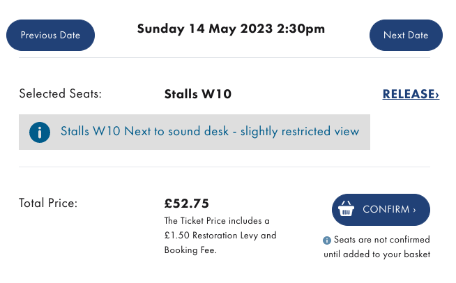 Screenshot of basket for Mamma Mia on Sunday 14 May matinee. Stalls W10 is £52.75.