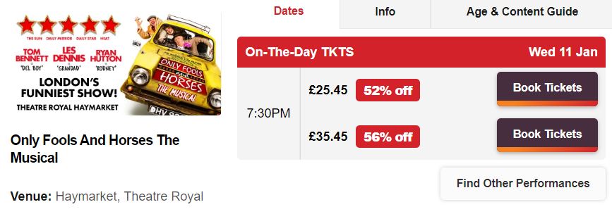 Screenshot of a listing for Only Fools and Horses on TKTS website, 11 January performances. There are savings of 52% and 56% available for that evening.