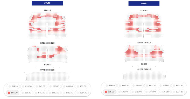 Image of two ticketing seat maps for Back to the Future, with the £85 (weekday) and £95 (weekend) price band selected. These are the same seats.