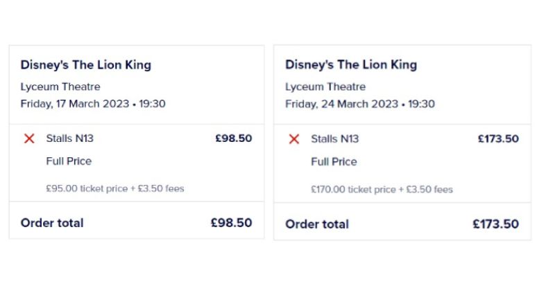 Screenshot of two baskets for The Lion King, with Stals N13. Basket one is for 17 March, costing £98.50. Basket two is for 24 March, costing £173.50.