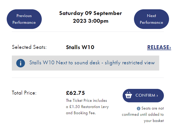 Screenshot of basket for Mamma Mia on Saturday 9 September matinee. Stalls W10 is £62.75.